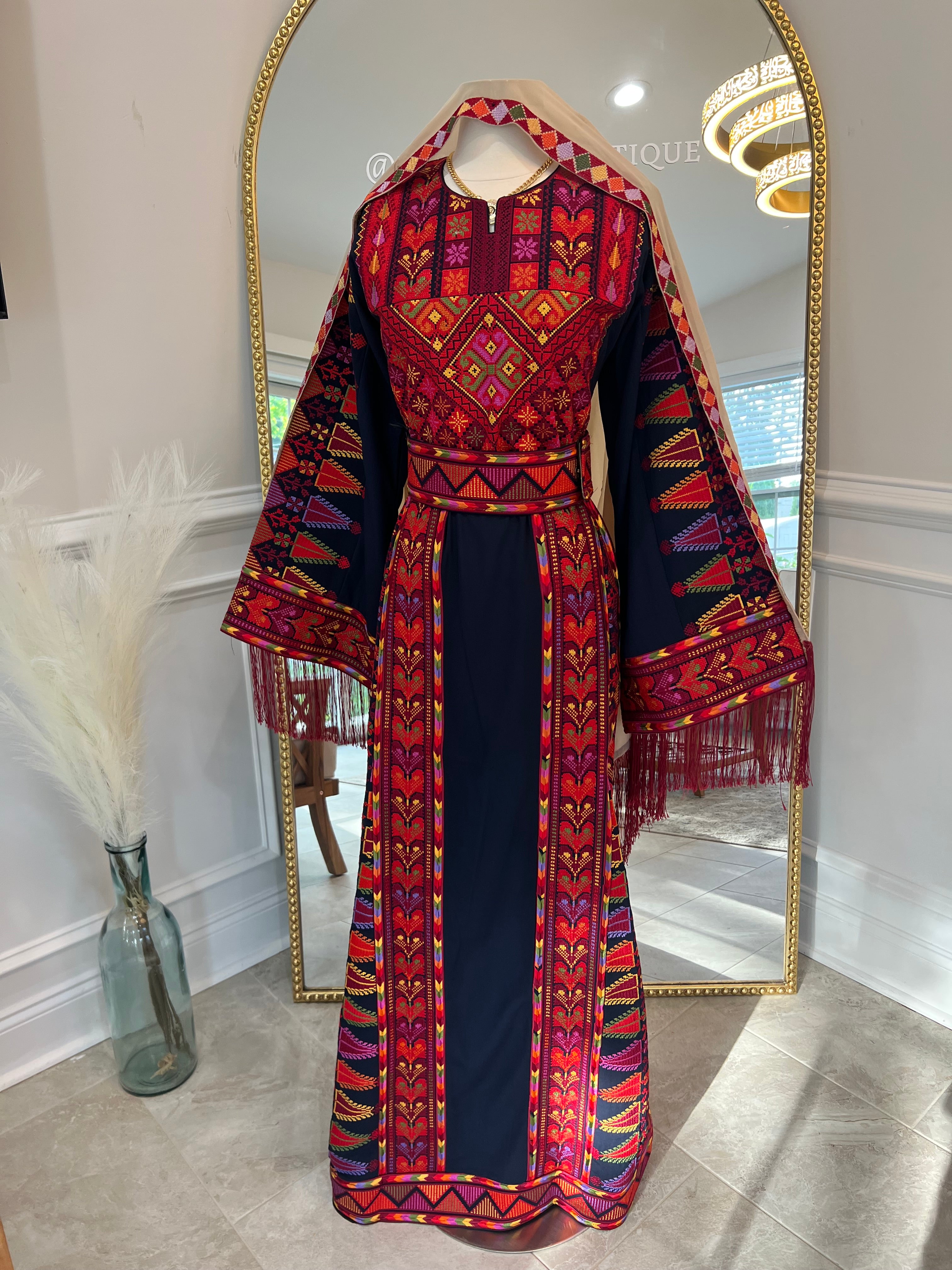 Navy Blue Heavily Embroidered Falahi Thobe Sale