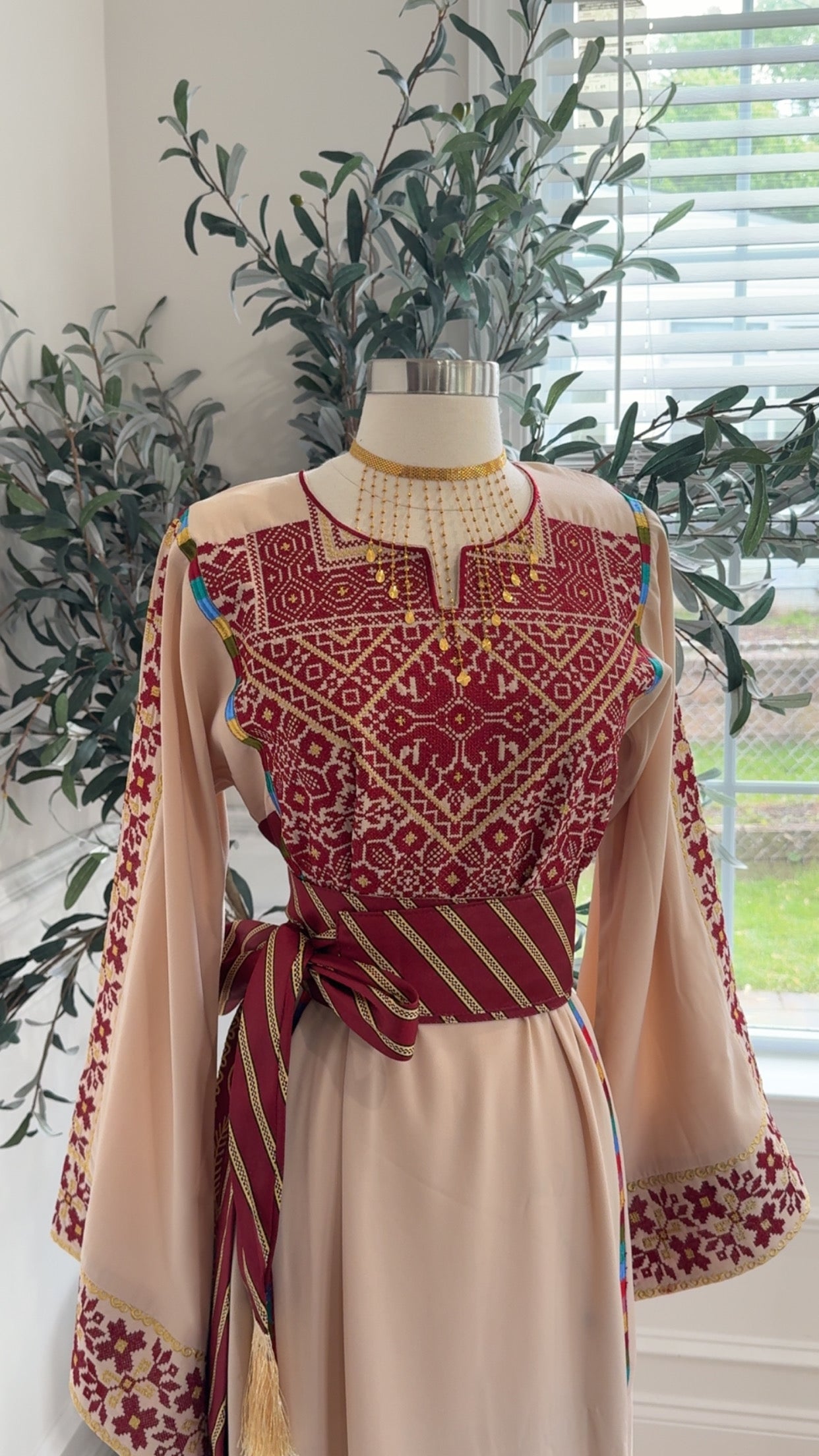 beige traditional dresses Beige Palestinian Embroidered Dress , Traditional Dress , Full Falahi –  Almorjana
