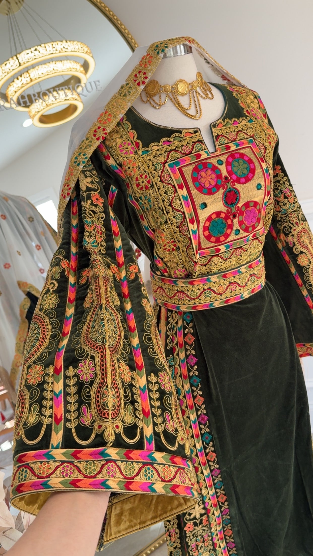 New Olive Green Velvet Malika Thobe