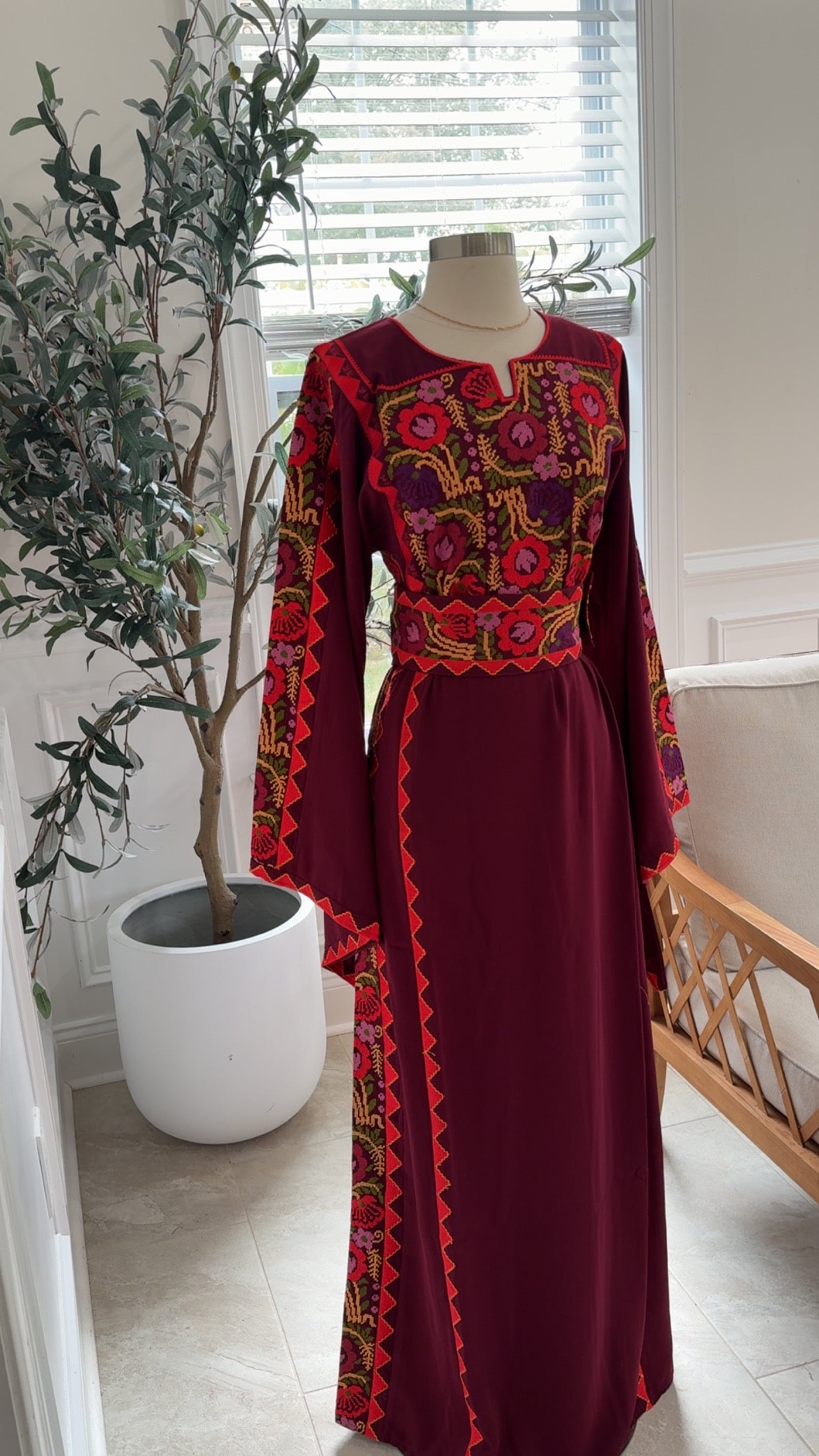 New Maroon Floral Tatreez Dress
