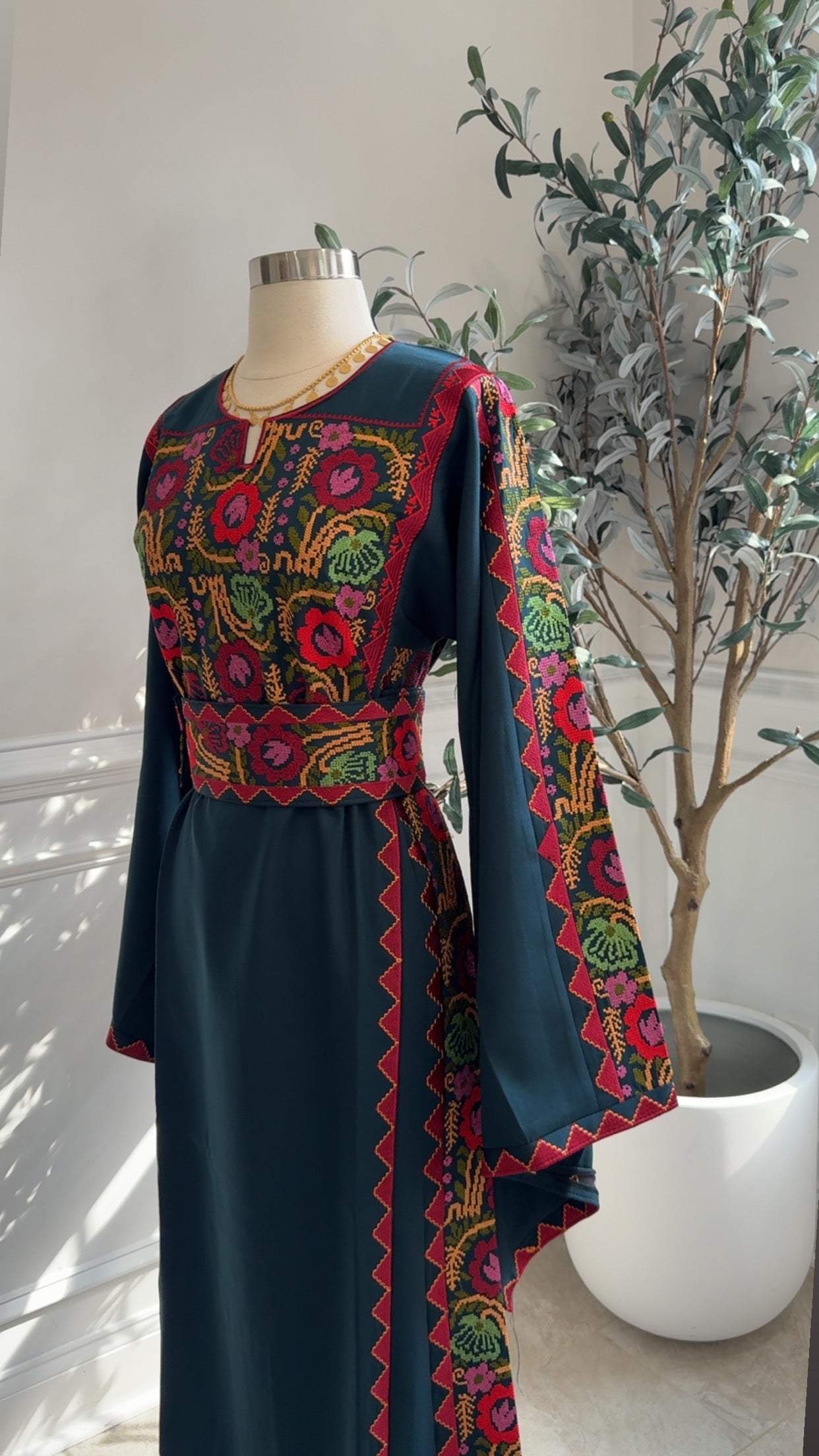 New Dark Turquoise Floral Tatreez Dress