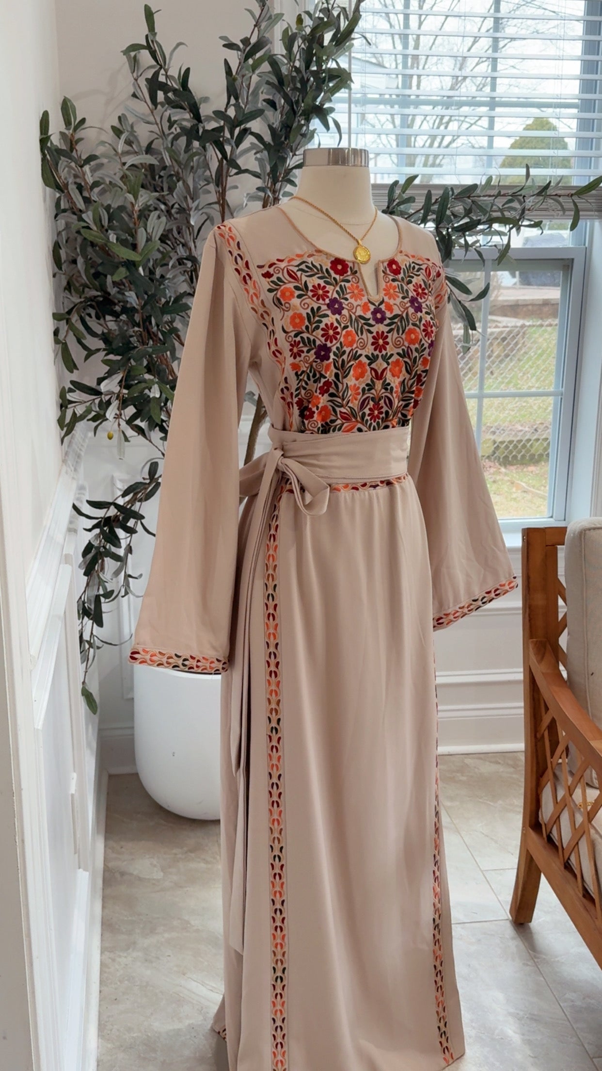 New Beige Simple Floral Tatreez Dress