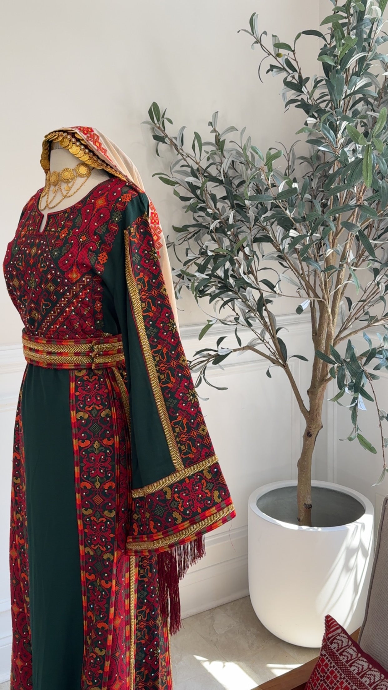 palestinian dress Embroidered Palestinian Thobe – Traditional White Dress with Red & Gold  Tatreez | Arisca Qatar main image 0