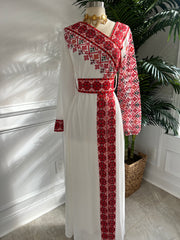 New White with Red Tatreez Dress