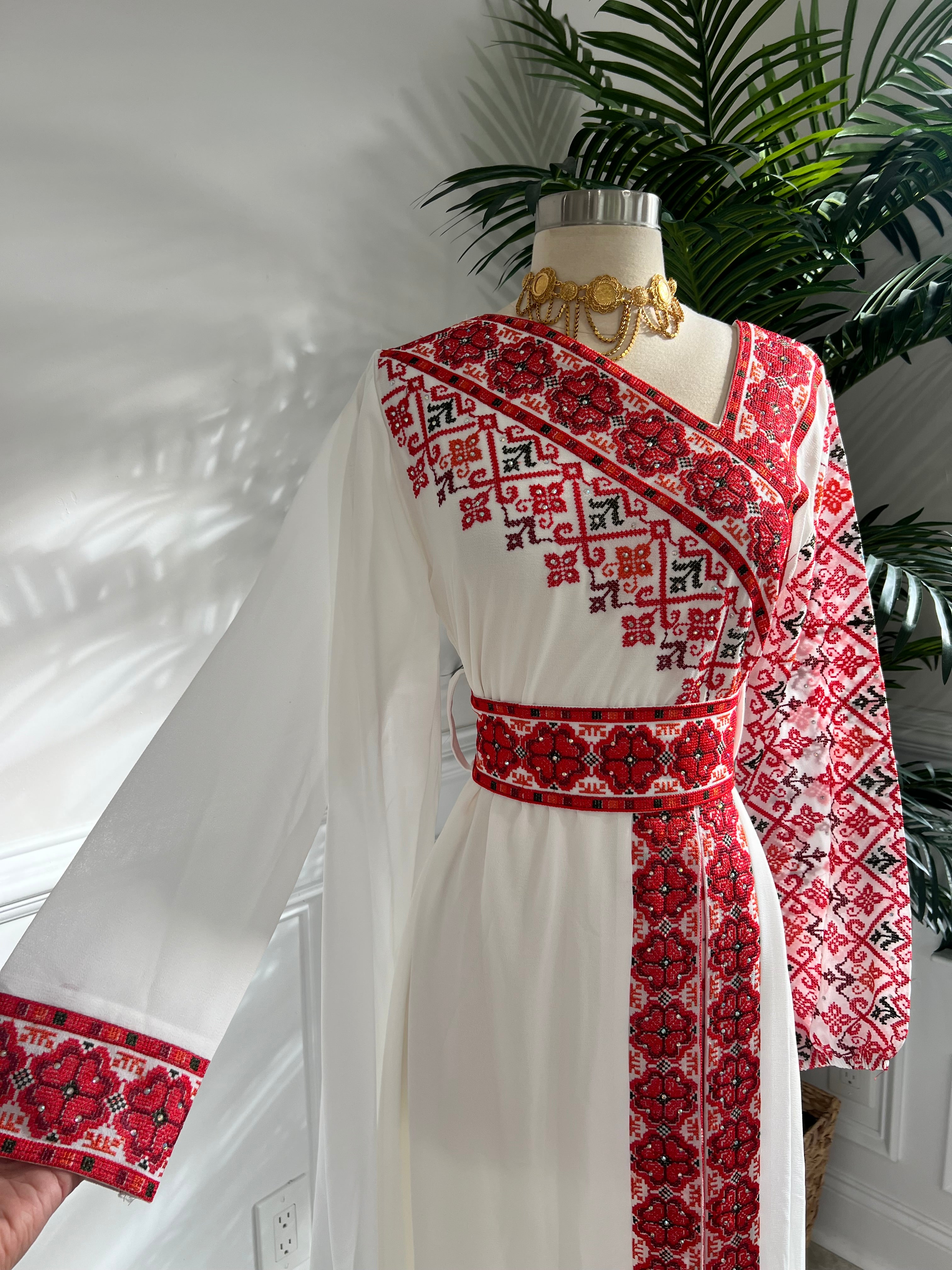 New White with Red Tatreez Dress