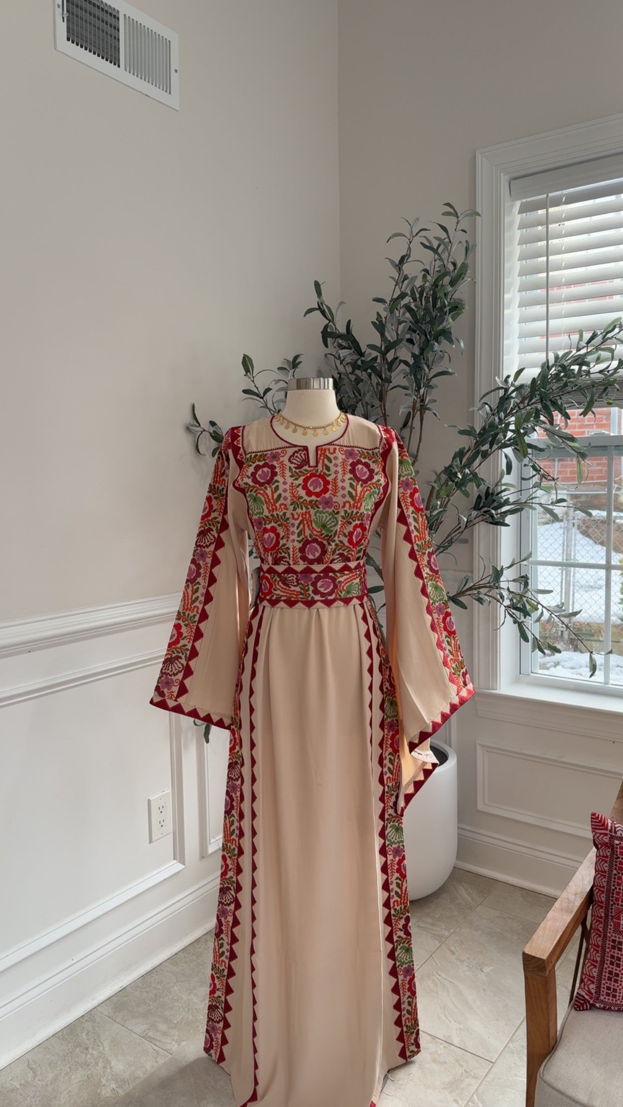 New Beige Floral Tatreez Dress