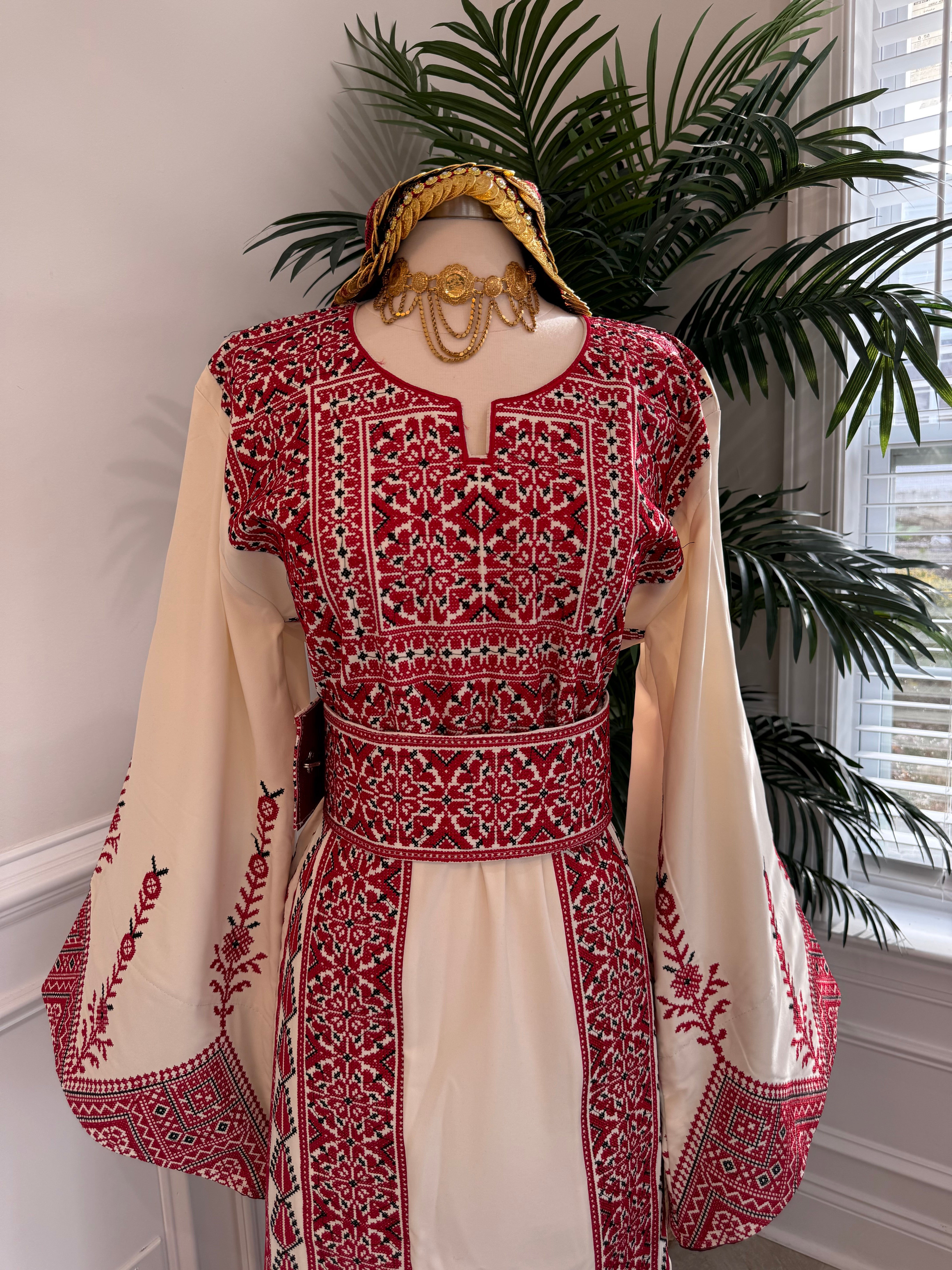 New Beige & Red Falahi Thobe