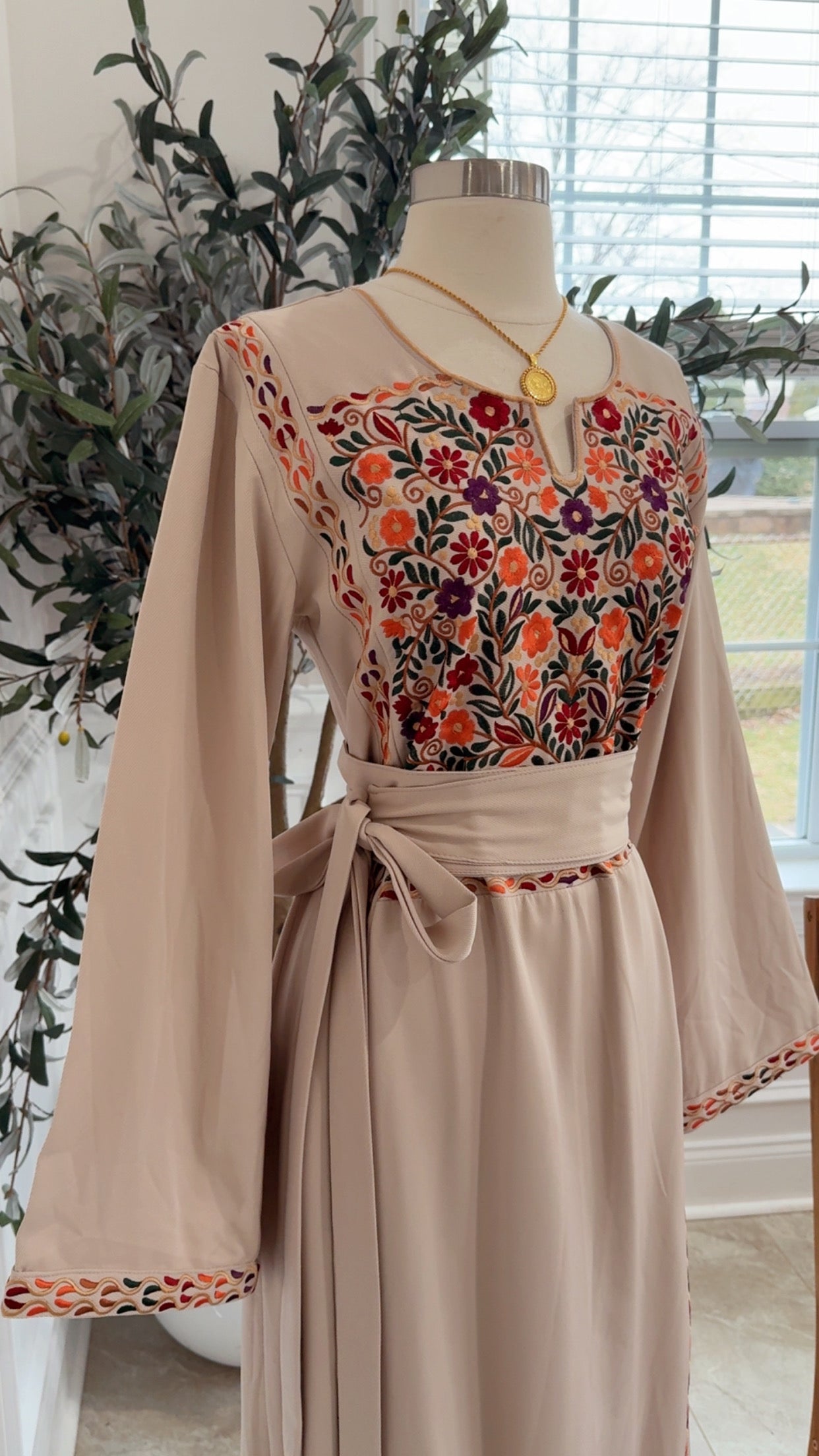New Beige Simple Floral Tatreez Dress