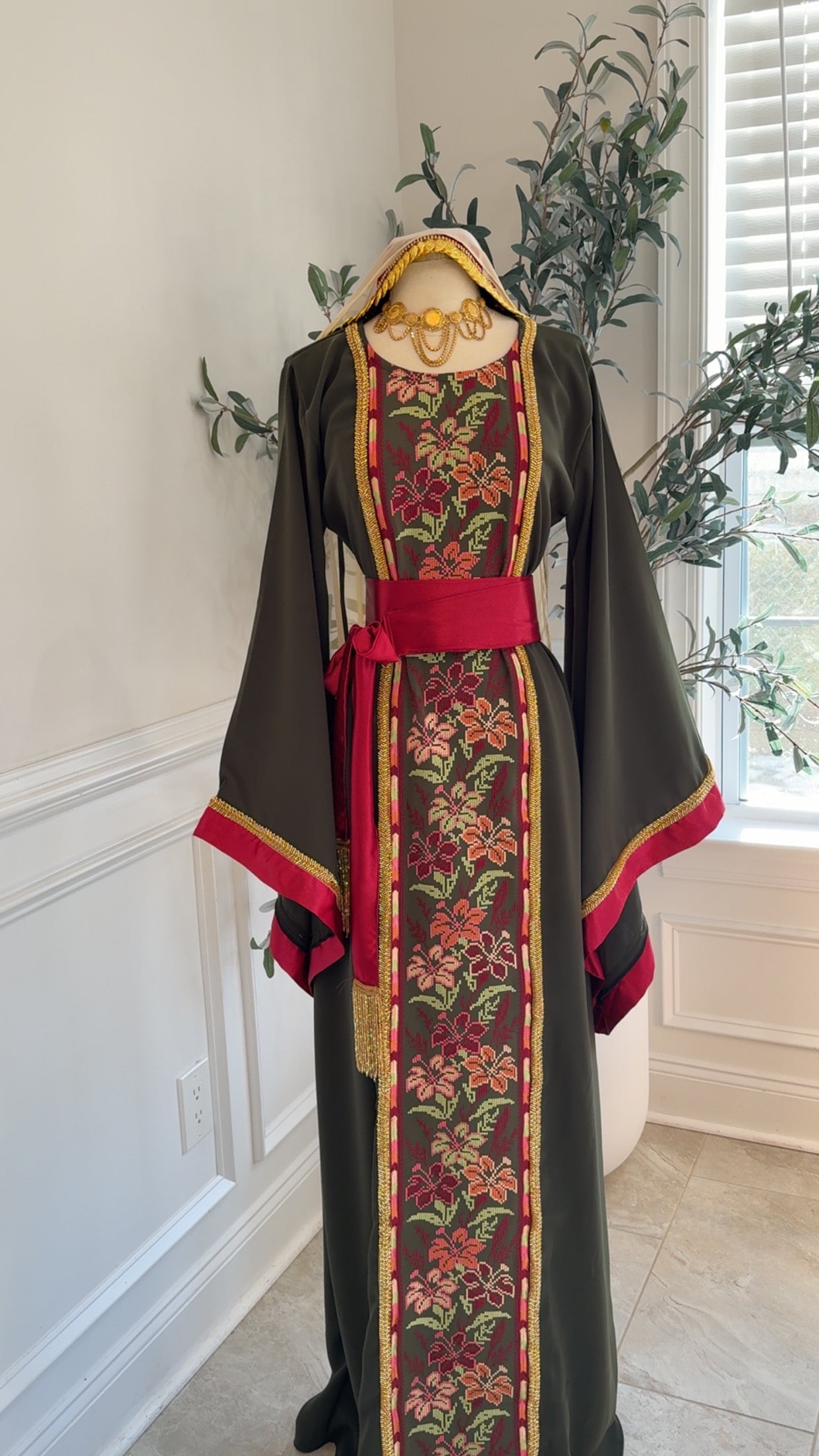 New Olive Green Sabayel Tatreez Dress Preorder