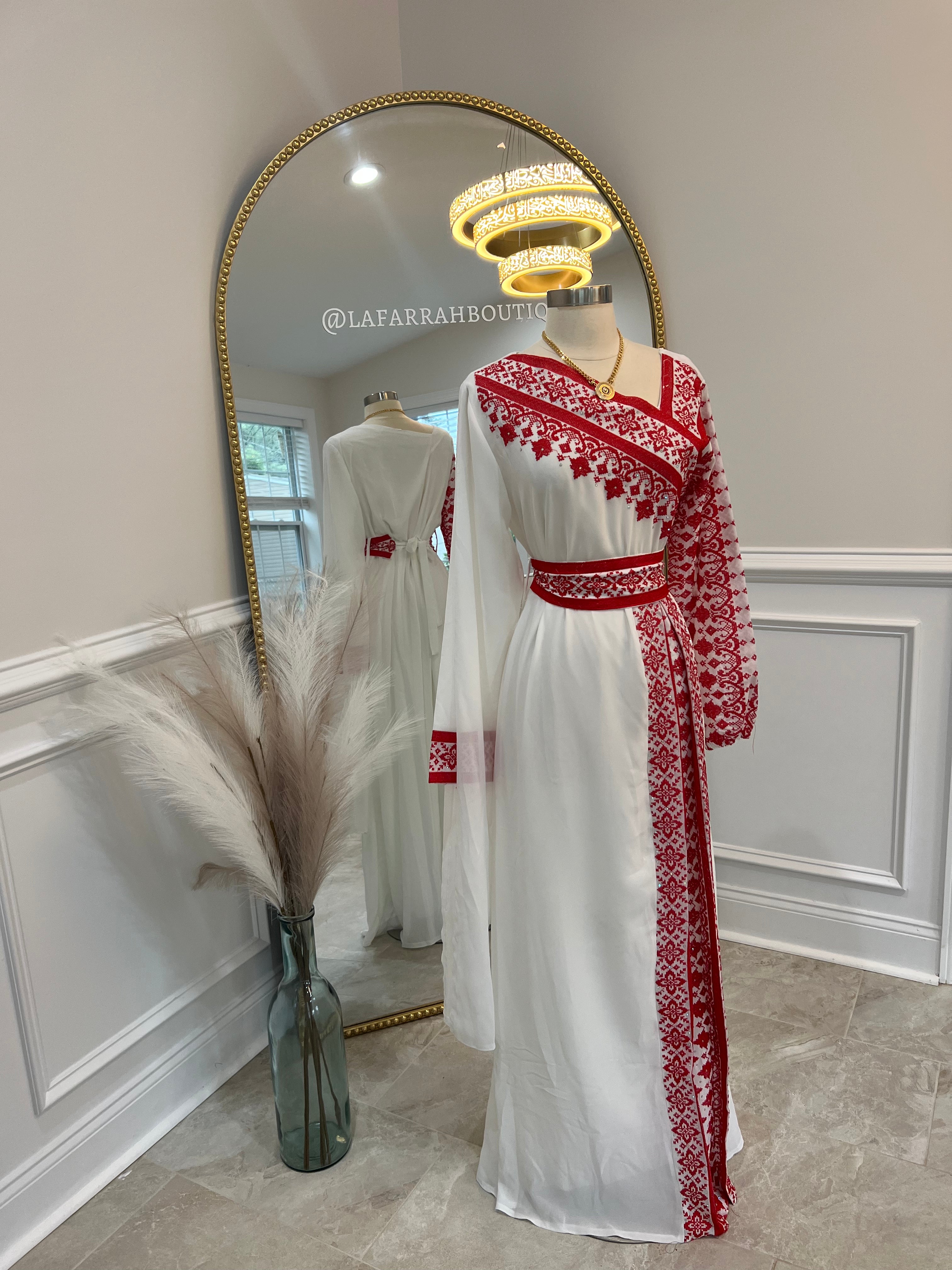 White and Red Tatreez Dress Sale