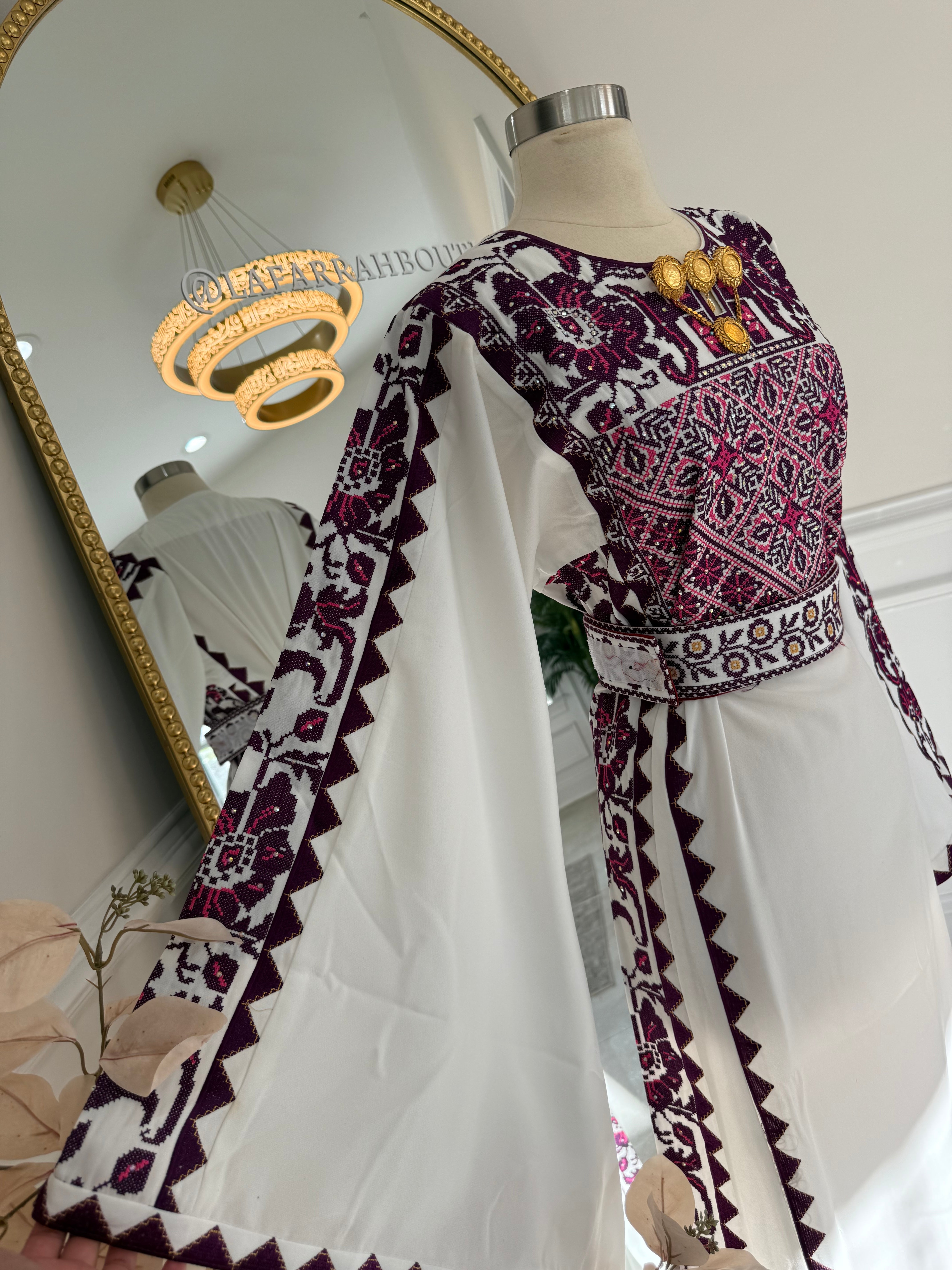 New white with purple Tatreez Dress